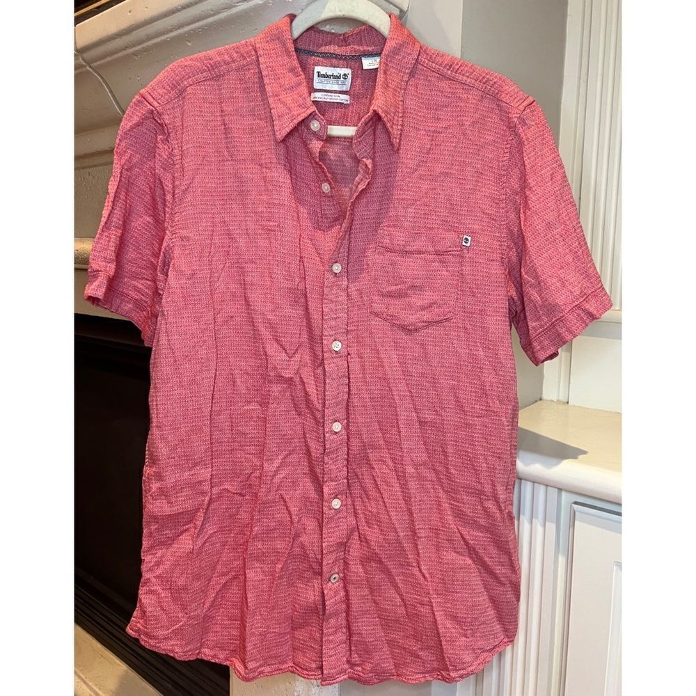 Timberland Men’s Red Short Sleeve Button Down 100% ORGANICALLY GROWN COTTON Sz L
